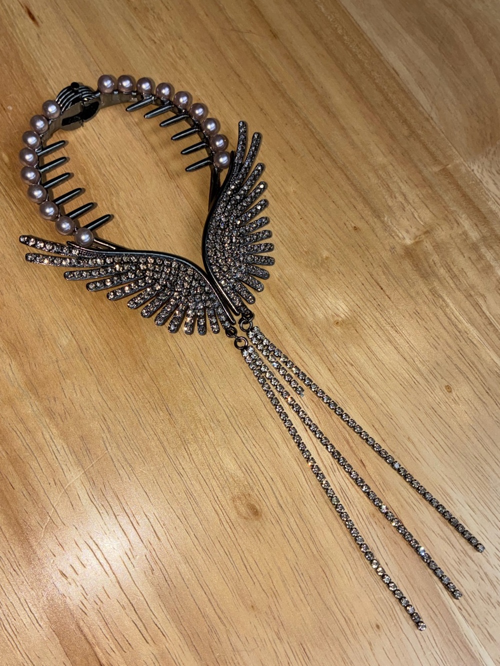 Dark Romantic Pearl & Pave Angel Wing Hair Claw Holder with Dangling Tassels